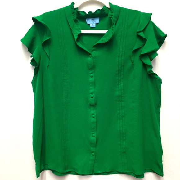 CeCe Tops - Cece Ruffle Sleeve Button Down Blouse XL Green Stretchy Office Workwear